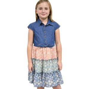 Girls' Denim and Floral Tiered Dress